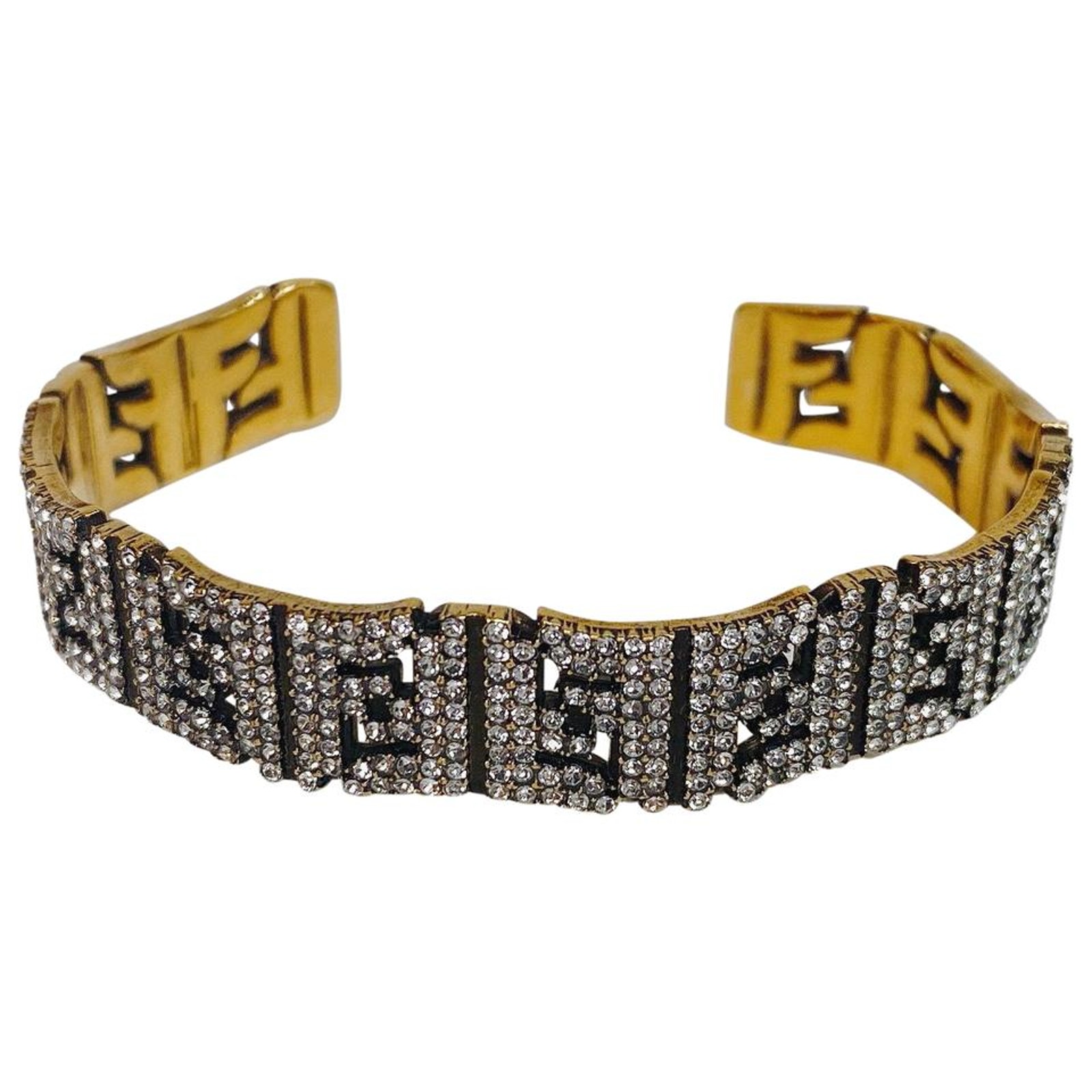 Fendi Ff Logo Crystal Gold Tone Bracelet Cuff Bangle M